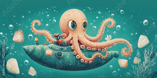 Adorable Octopus Piloting A Submarine Undersea Adventure photo