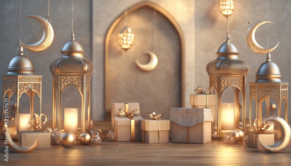 Fototapeta premium Festive Ramadan Gifts with Ornate Lanterns and Moons A beautiful scene of Eid celebration