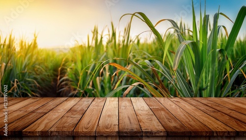 grass and wooden table. empty wooden brown table top with blur background of sugarcane plantation. 