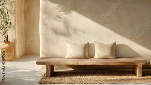 minimalist wooden bench with two cushions against textured wall