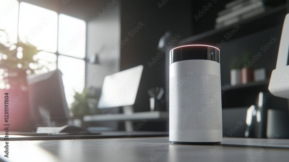 An advanced digital voice assistant with a sleek design in a clean, minimalist home office, featuring high-tech voice recognition and smart home control An advanced digital voice assistant with a sleek design in a clean, minimalist home office, featuring high-tech voice recognition and smart home control