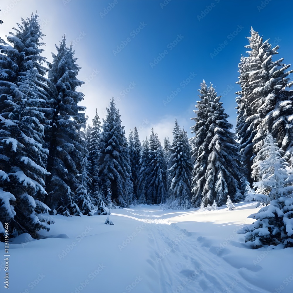 Bosque invernal de un azul profundo, imponentes árboles de hoja perenne, suelo cubierto de nieve, aire frío y fresco. Bosque invernal de un azul profundo, imponentes árboles de hoja perenne, suelo cubierto de nieve, aire frío y fresco.