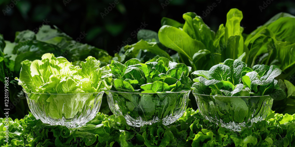 Fresh green salads in crystal bowls surrounded by vibrant greens Fresh green salads in crystal bowls surrounded by vibrant greens