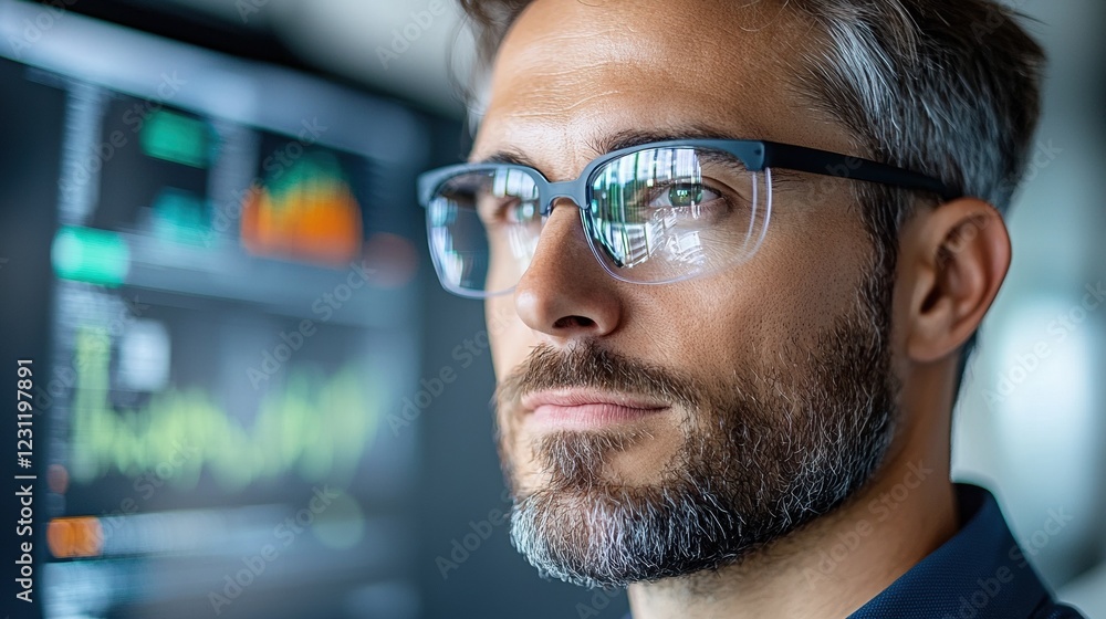 Focused businessman analyzing data trends with digital graphs in the background. Focused businessman analyzing data trends with digital graphs in the background.