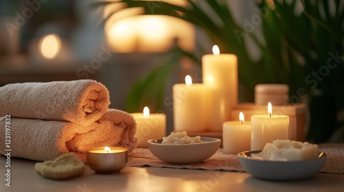 Spa setting with candles, towels, and body butter.
