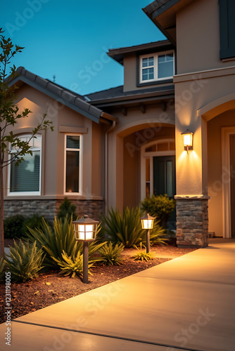 Illuminated Luxury Home Exterior at Dusk: A Captivating View of Elegant Architecture and Landscaping