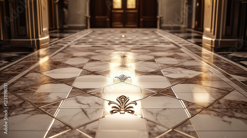 luxurious marble floor with Fleur-de-Lis inlay decorative designsin elegant hallway photo