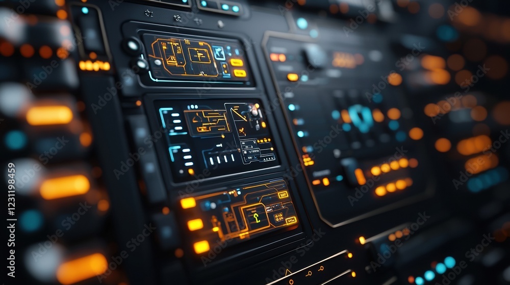 Futuristic control panel with glowing displays and intricate circuits in dark settings. Futuristic control panel with glowing displays and intricate circuits in dark settings.
