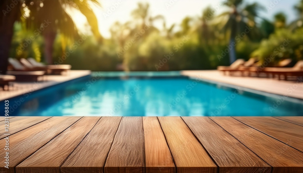 swimming pool in hotel. Empty wooden table in front with blurred background of swimming pool swimming pool in hotel. Empty wooden table in front with blurred background of swimming pool