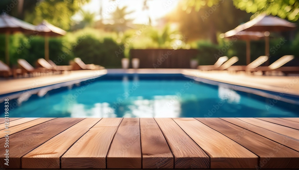 swimming pool in hotel. Empty wooden table in front with blurred background of swimming pool swimming pool in hotel. Empty wooden table in front with blurred background of swimming pool