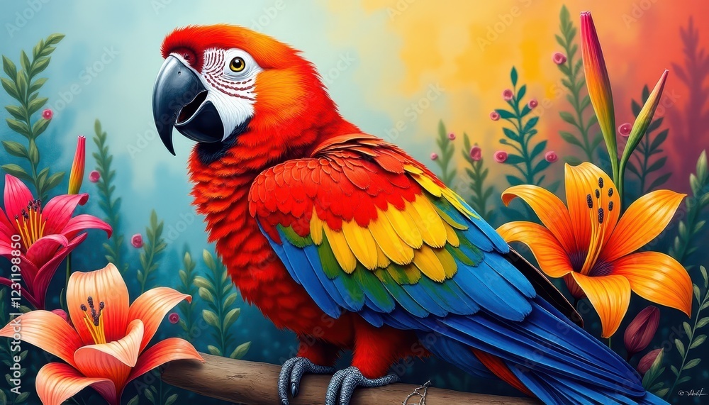 Fototapeta premium Vibrant Scarlet Macaw Parrot Perched on Branch Amidst Lush Tropical Lilies and Foliage