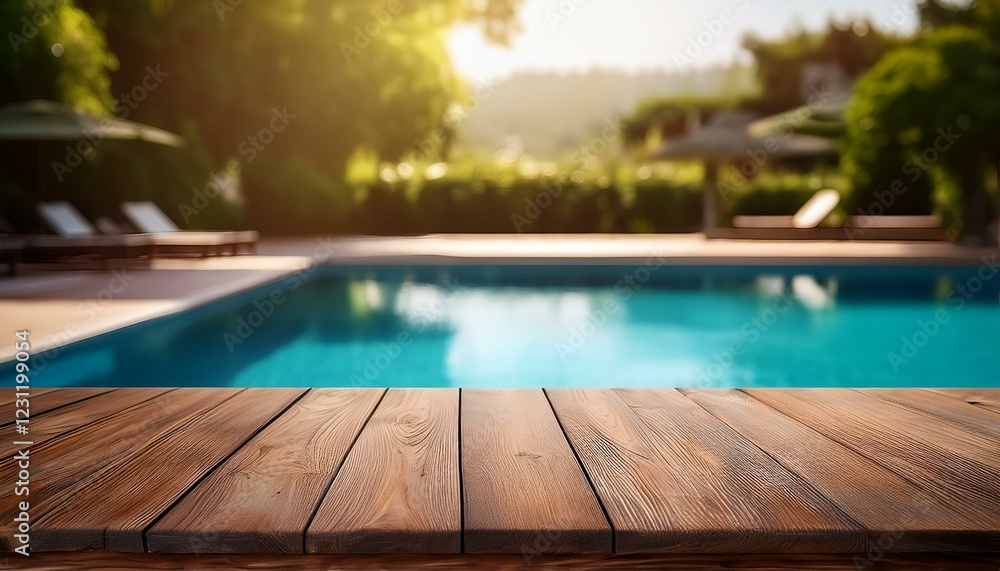 swimming pool in hotel. Empty wooden table in front with blurred background of swimming pool swimming pool in hotel. Empty wooden table in front with blurred background of swimming pool
