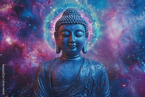 A blue Buddha statue is surrounded by a colorful galaxy