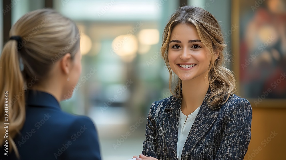 A businesswoman an interviewee in the office, smiling and looking at each other as they sign papers on the table A businesswoman an interviewee in the office, smiling and looking at each other as they sign papers on the table