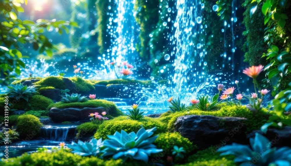 Enchanted Waterfall Landscape with Lush Greenery and Flowers Enchanted Waterfall Landscape with Lush Greenery and Flowers