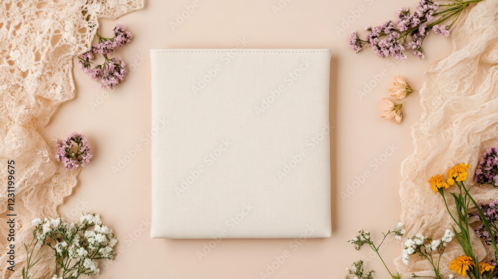 Cream-colored photo album surrounded by delicate flowers and lace on a soft pink background. Perfect for wedding or baby announcements! Cream-colored photo album surrounded by delicate flowers and lace on a soft pink background. Perfect for wedding or baby announcements!