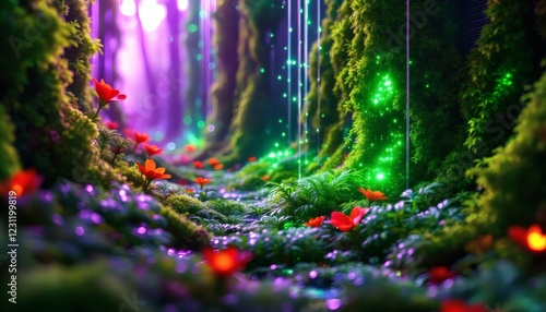 Magical Enchanted Forest Path with Glowing Lights and Flowers