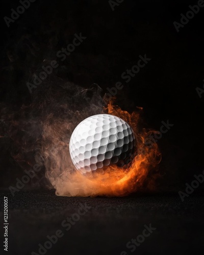 A white golf ball surrounded by fiery flames on a dark background, creating a dynamic and striking visual effect.