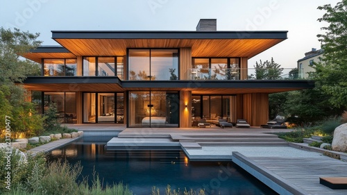 Wallpaper Mural Modern Wood and Glass House with Pool at Night Torontodigital.ca