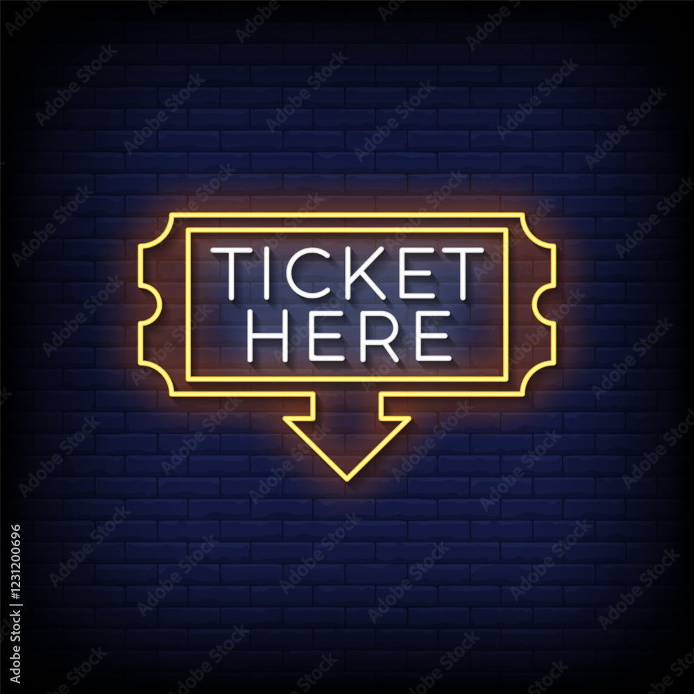 Fototapeta premium ticket here neon sign with brick wall background vector