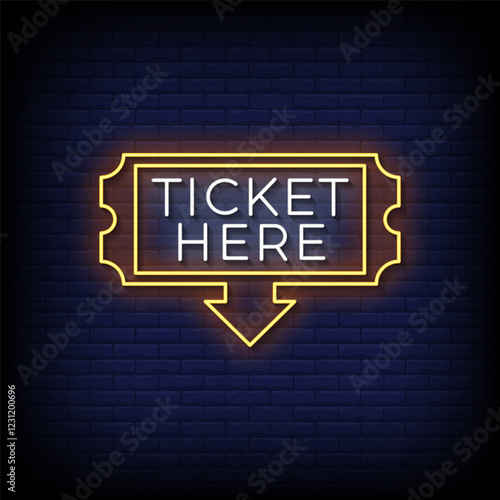 ticket here neon sign with brick wall background vector