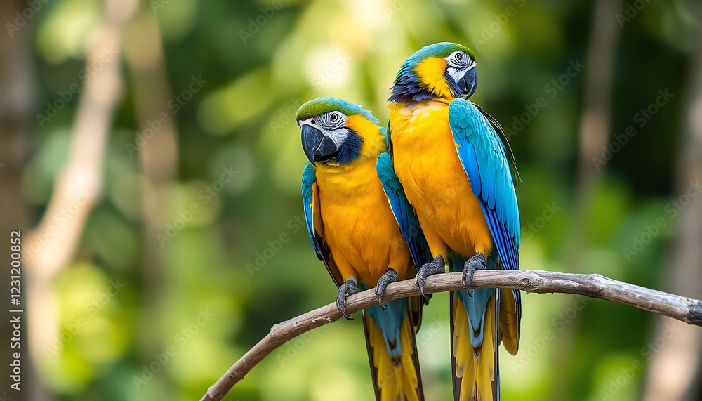 A colorful pair of macaw with a curved beak perched on a branch in a lush tropical environment during daylight A colorful pair of macaw with a curved beak perched on a branch in a lush tropical environment during daylight
