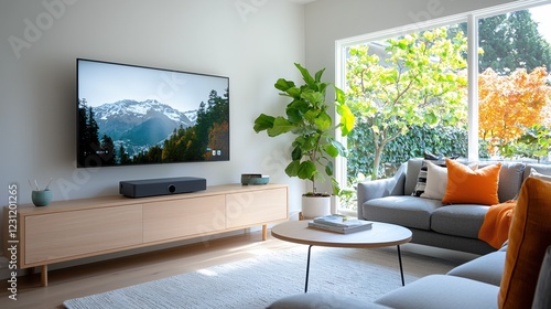 Modern living room with a cozy atmosphere  featuring a large TV and vibrant indoor plants.