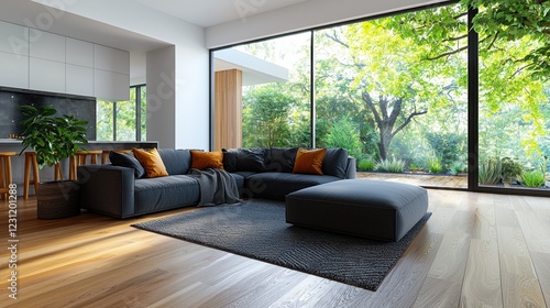 Modern living room with a cozy couch  bright sunlight  and a view of the outdoor garden.