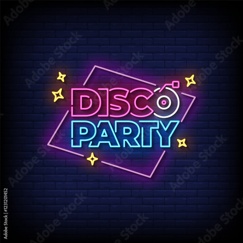 disco party neon sign with brick wall background vector