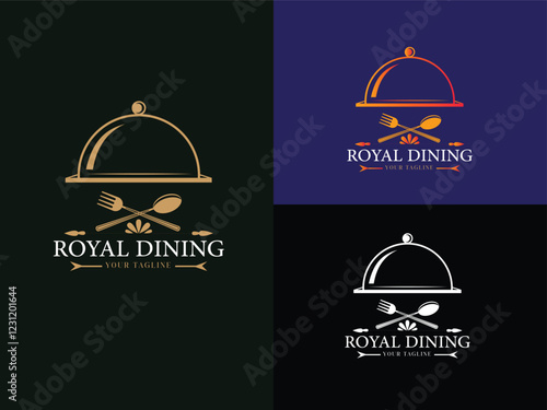 Restaurant Logo Design Variations: A set of four sophisticated restaurant logo variations featuring a silver cloche, crossed cutlery, and the text "Royal Dining.