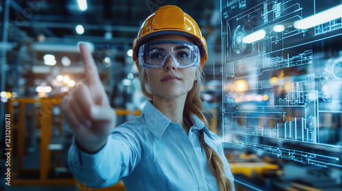 A Worker woman stand infront of holographic form, her finger point on it.