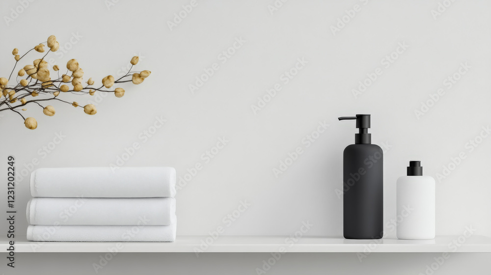 Spa-like bathroom setting with neatly folded white towels and sleek black and white soap dispensers. Minimalist and calming aesthetic. Spa-like bathroom setting with neatly folded white towels and sleek black and white soap dispensers. Minimalist and calming aesthetic.
