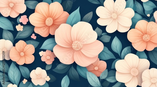 Elegant Floral Illustration: A Delicate Tapestry of Peach and Cream Blooms photo