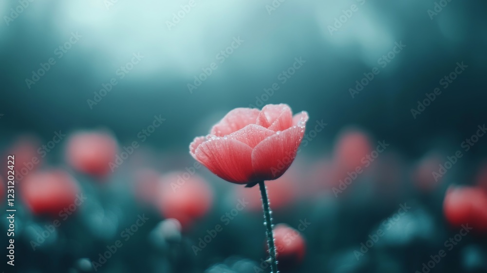 Fototapeta premium Serene Poppy Field: A Single Bloom in a Teal Dream