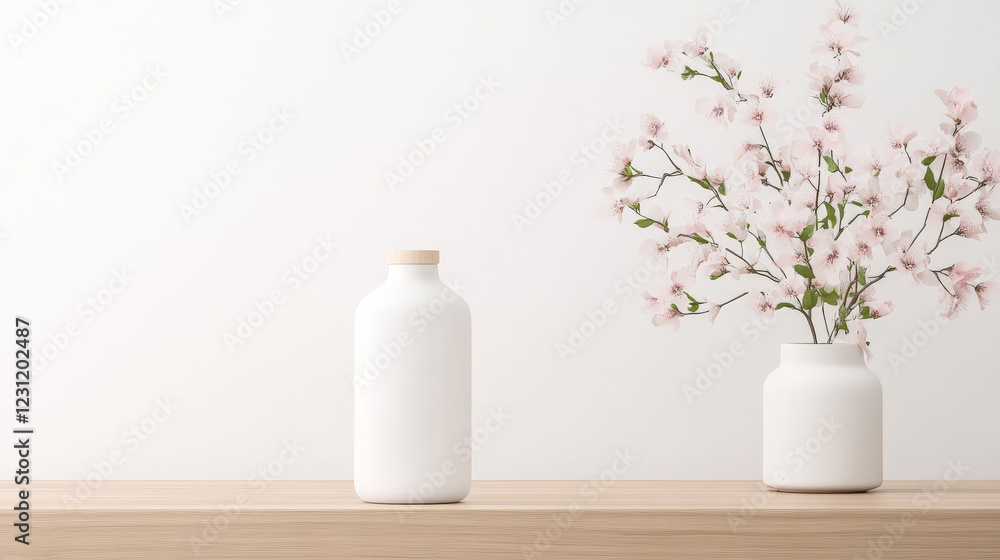 Simple serenity: A minimalist scene with a white bottle and a vase of pale pink flowers. Simple serenity: A minimalist scene with a white bottle and a vase of pale pink flowers.