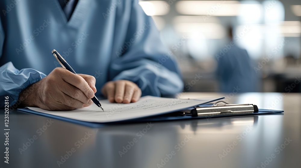 Professional writing in a healthcare environment, showcasing focus and diligence. Professional writing in a healthcare environment, showcasing focus and diligence.
