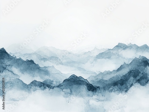 Watercolor mountains in blue and white hues create a serene landscape panorama