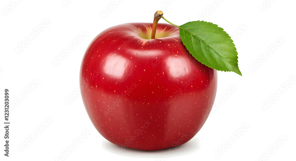 Red apple with a shiny surface and a green leaf attached to the stem Red apple with a shiny surface and a green leaf attached to the stem
