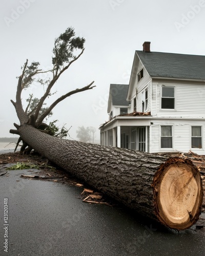 A large fallen tree lies across a road near a house, showcasing the aftermath of a storm or severe weather.