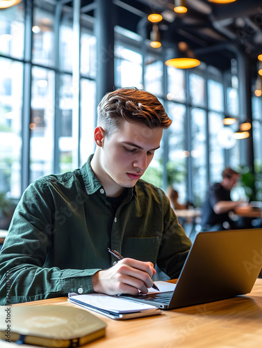 Emprendedor seguro escribiendo en un cuaderno mientras usa su laptop, comprometido con el trabajo remoto, estrategia digital y crecimiento profesional en un espacio de trabajo contemporáneo photo