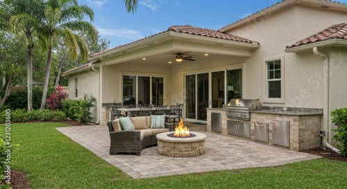 a patio, fire pit and outdoor kitchen area in the back yard of a florida home
