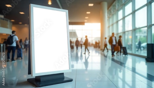 A mockup poster empty, stands within an airport setting , blurred background , showcasing a wide banner design featuring ample blank .space for your content design., created with generative ai