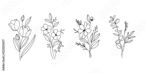 Set of hand drawn botanical flower bouquet vector. Collection black white contour drawing of foliage, wildflower, poppy, peony, eucalyptus. Illustration design for logo, wedding, invitation, decor.
