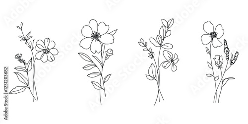 Set of hand drawn botanical flower bouquet vector. Collection black white contour drawing of foliage, wildflower, poppy, peony, eucalyptus. Illustration design for logo, wedding, invitation, decor.