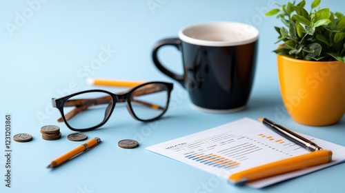 Wallpaper Mural Workspace with coffee cup, glasses, plant, and financial document on blue background. Torontodigital.ca