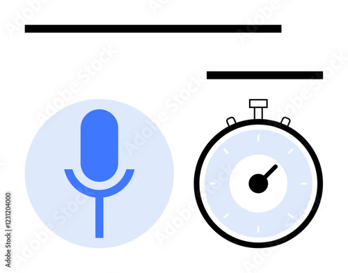 Blue microphone and a stopwatch with bold black lines. Ideal for communication, time management, productivity, podcasts, recording, punctuality, and efficiency. Line metaphor