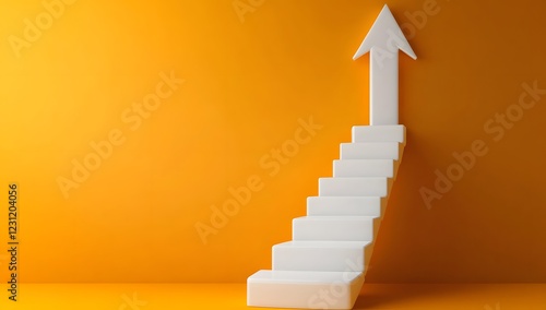 White staircase with upward arrow on bright orange background, concept of growth and progress