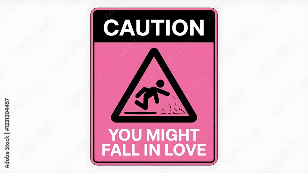 Obraz premium a pink signboard with a triangular warning symbol. Inside the triangle, there's a silhouette of a person seemingly falling or tripping created with generative ai