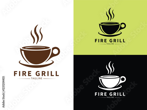 Fire Grill Coffee Logo: A visually striking and versatile coffee cup logo with a fire element, perfect for a café, coffee shop, or restaurant seeking a modern and bold brand image.