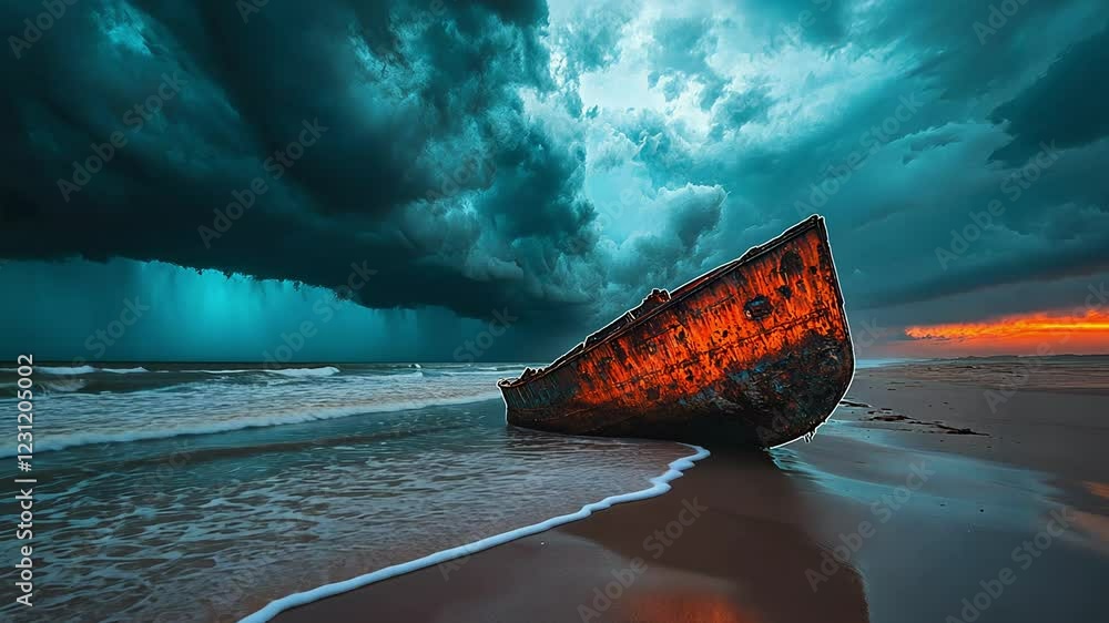 Stormy skies hover over a shipwreck on the beach during twilight in an isolated coastal area Stormy skies hover over a shipwreck on the beach during twilight in an isolated coastal area